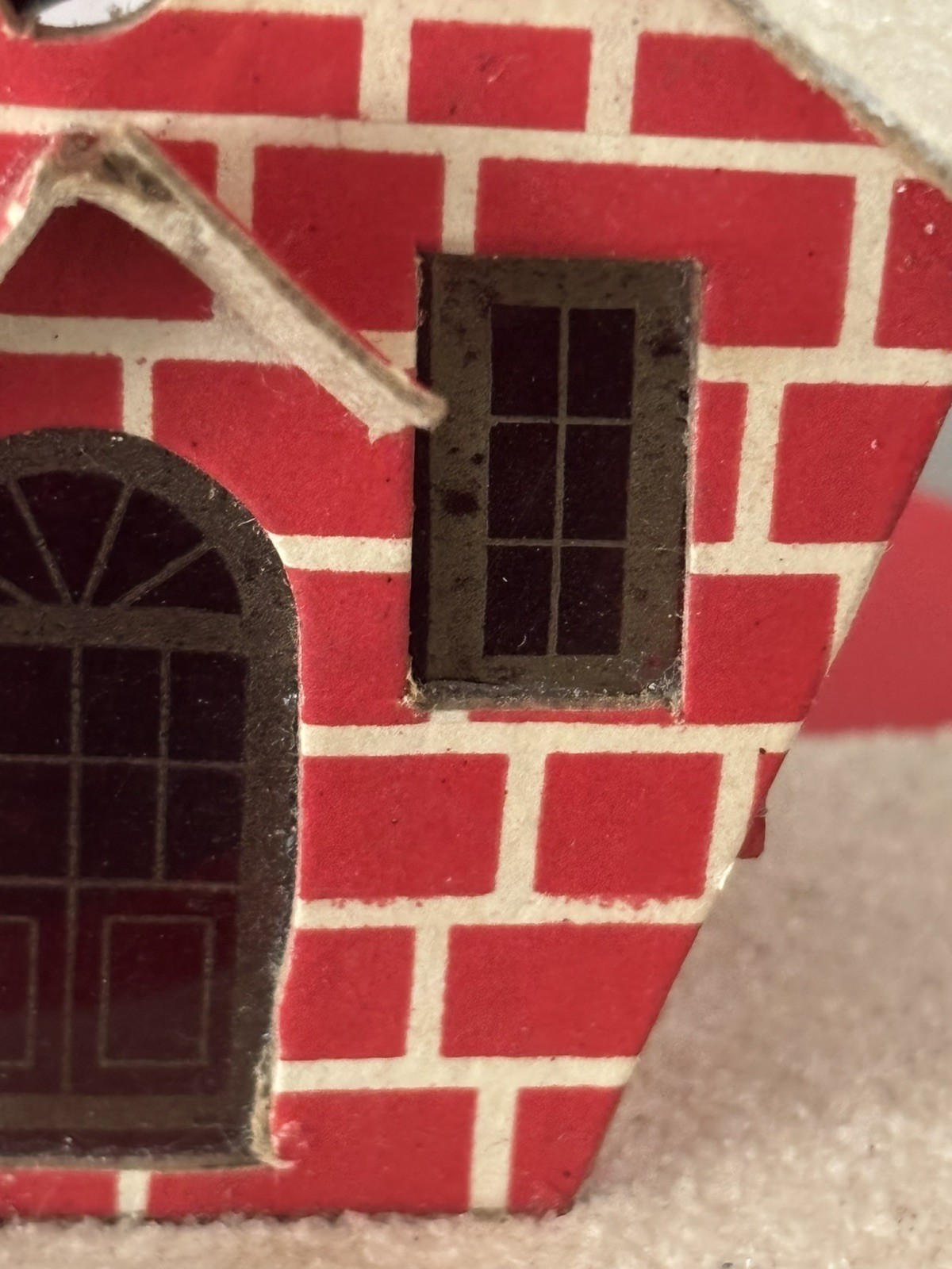 Vntg Putz House Red Brick with Cello Windows & Bottle Brush Tree Glitter L-D