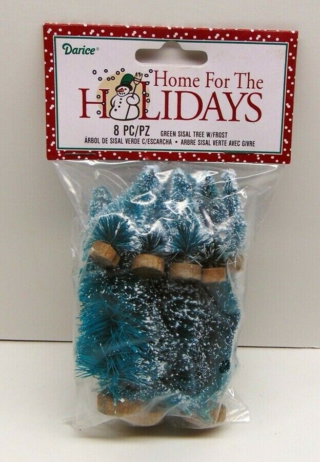 Set 8 Mini Green Sisal Bottle Brush CHRISTMAS Trees w/ Snow Frost Village Putz