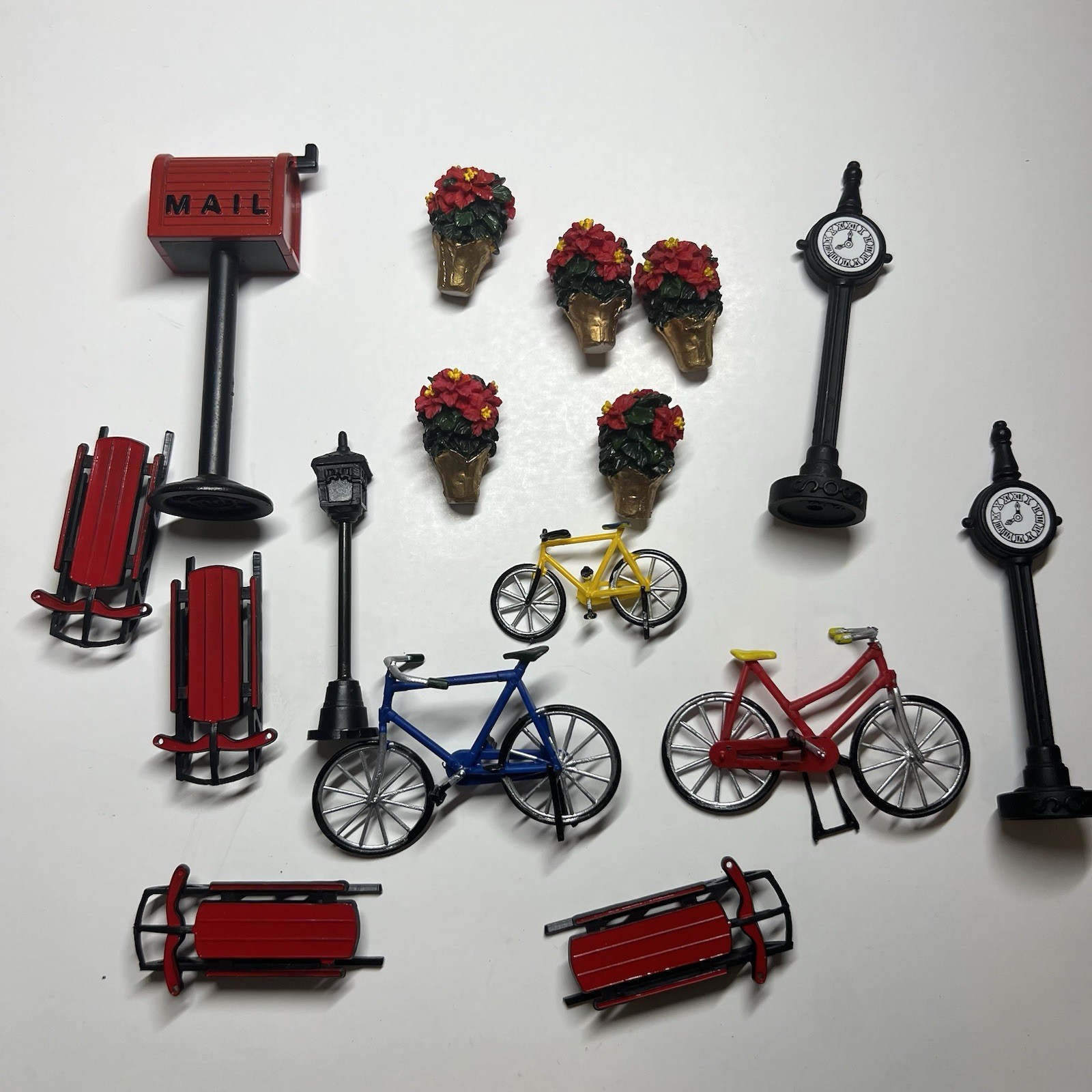 Lemax & Vintage Christmas Village Accessories Lot Bicycles Sleds Clock Tower