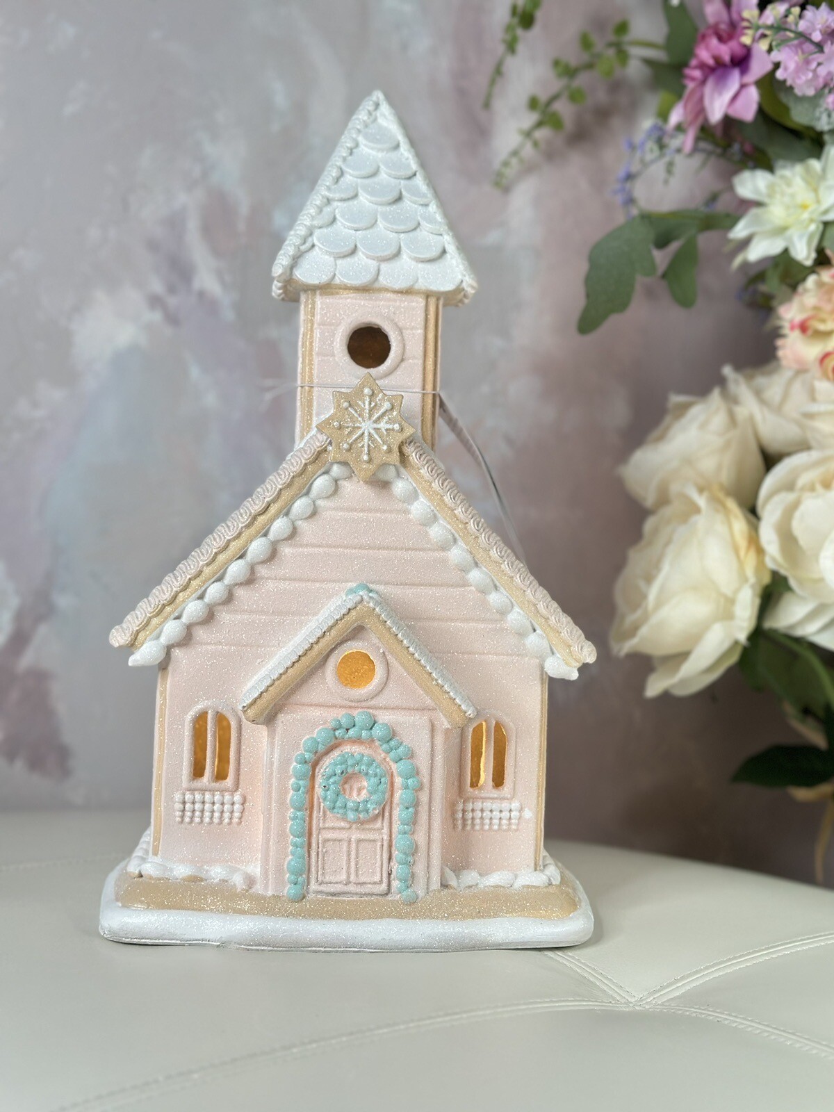 Christmas Victorian Light Up Gingerbread Church W/Cookies Candy Table Decor 15”