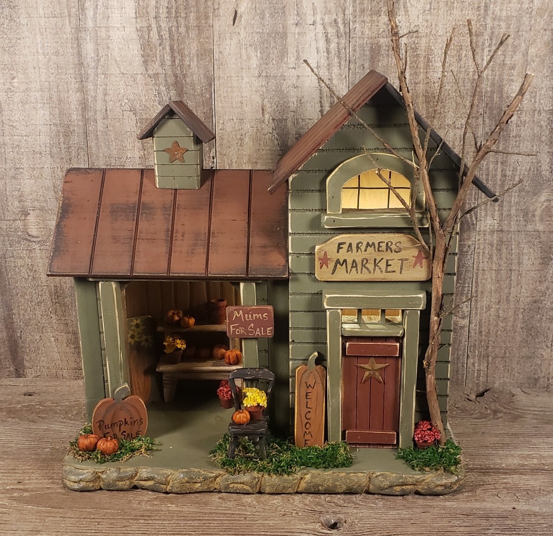 Primitive Handmade Lighted Wooden Farmers Market House Fall Decor FolkArt