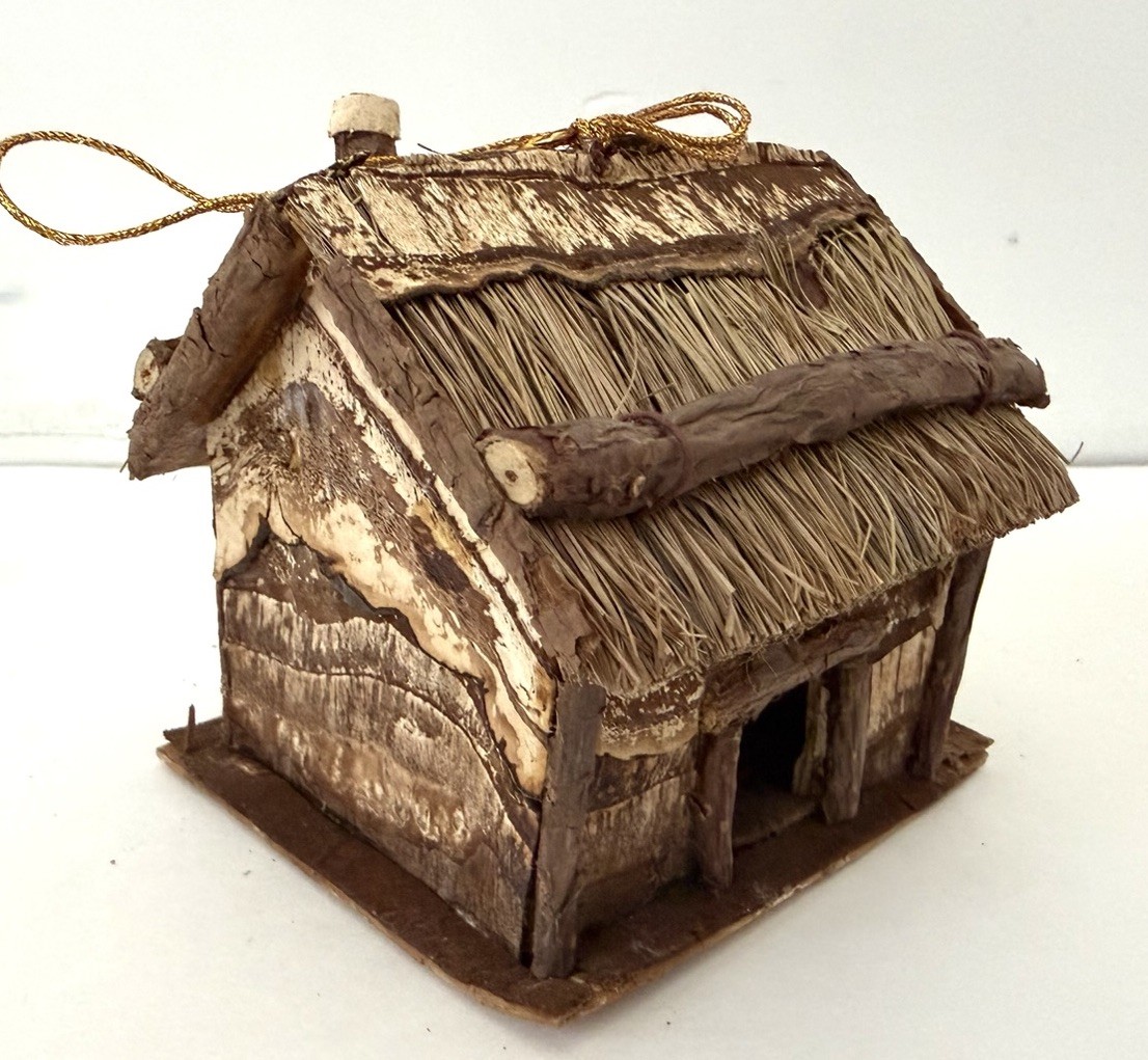Vintage Miniature Folk Art Cabin Houses Ornaments, Bark, Wood, Straw, Lot Of 4