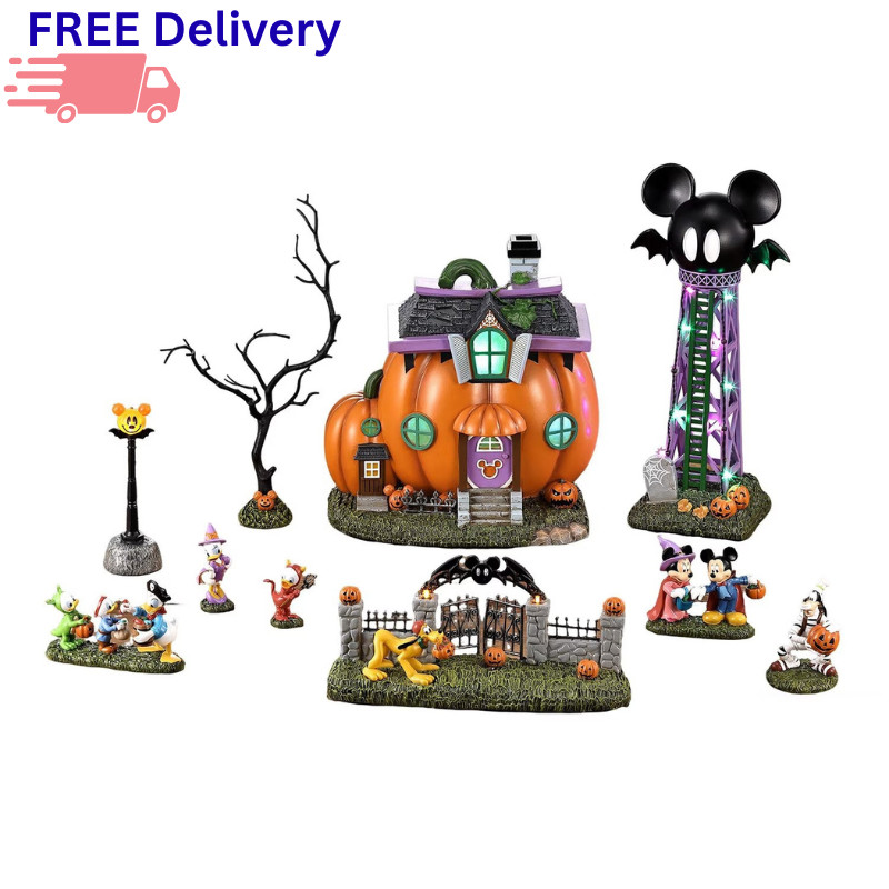 Halloween Village Set 10 Pc Pre-Lit Musical Haunted House Figurine Decor New