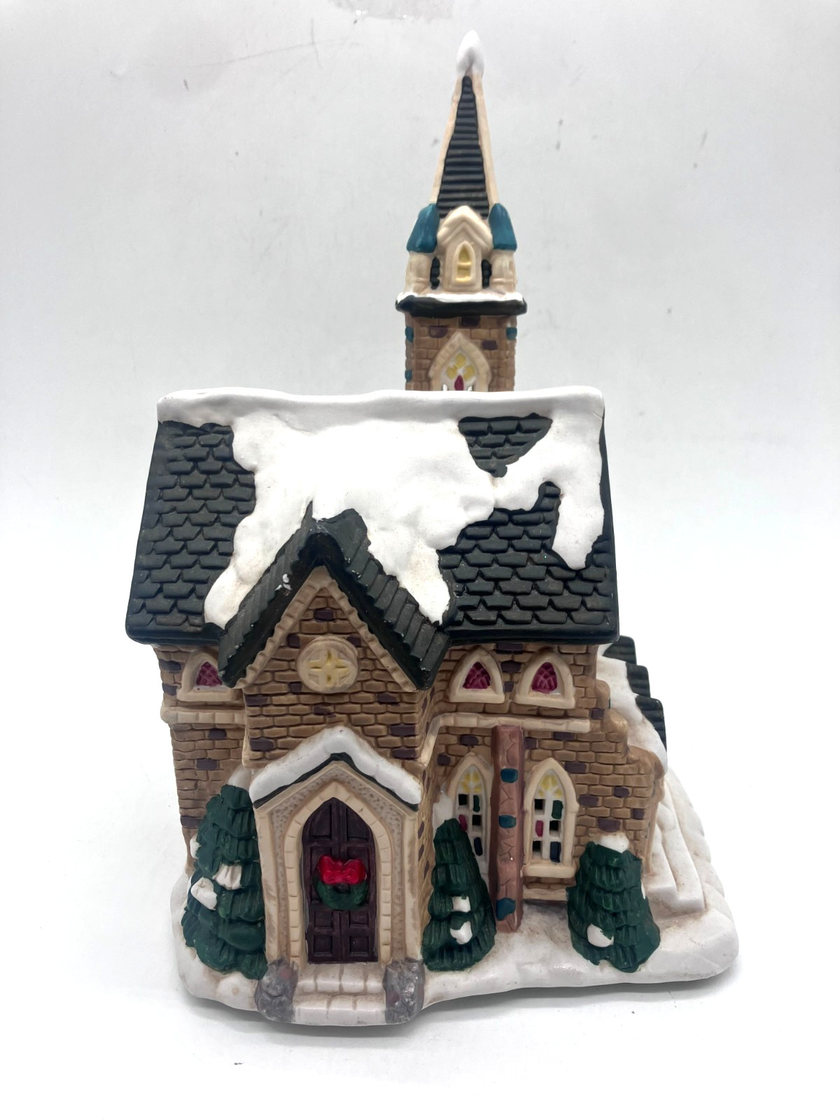 Christmas Lighted Village Church Building Snow Covered Steeple Brick Chapel