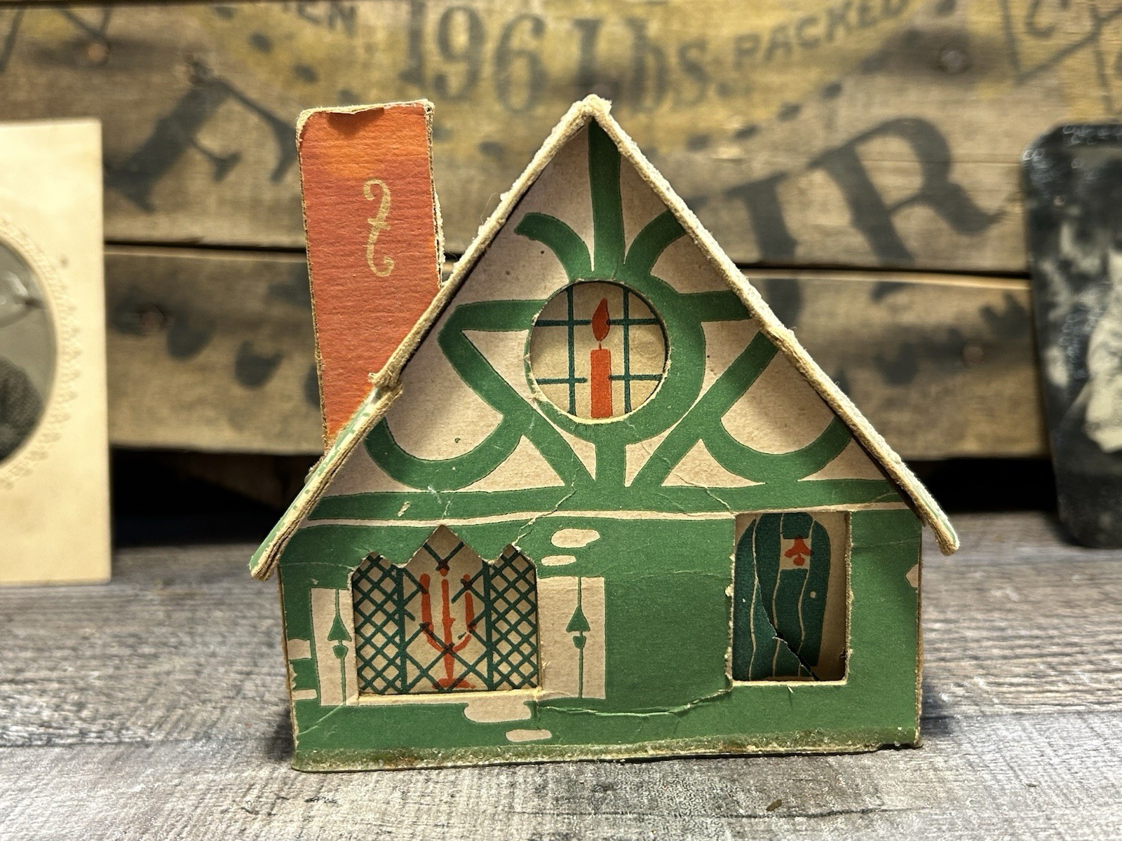 Vintage Putz House Dolly Toy Co Cardboard Paper Glitter Mica Green