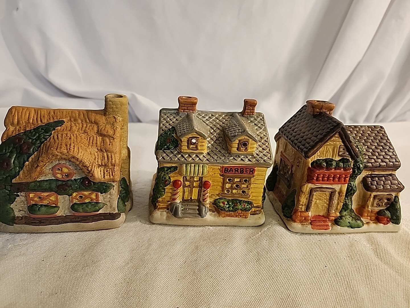 Light-up Porcelain Handpainted Christmas Cottages VTG Lot of 3 Lights Not Includ
