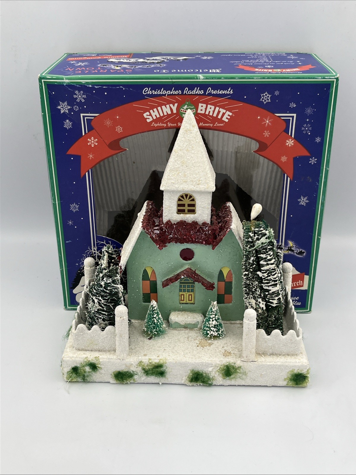 Christopher Radko Shiny Brite Mistletoe Circle Church Putz House Orig Box