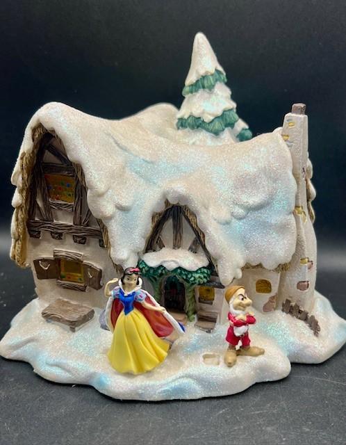Disney Snow White & Grumpy Christmas Village Snow Glitter Covered House 7.25″