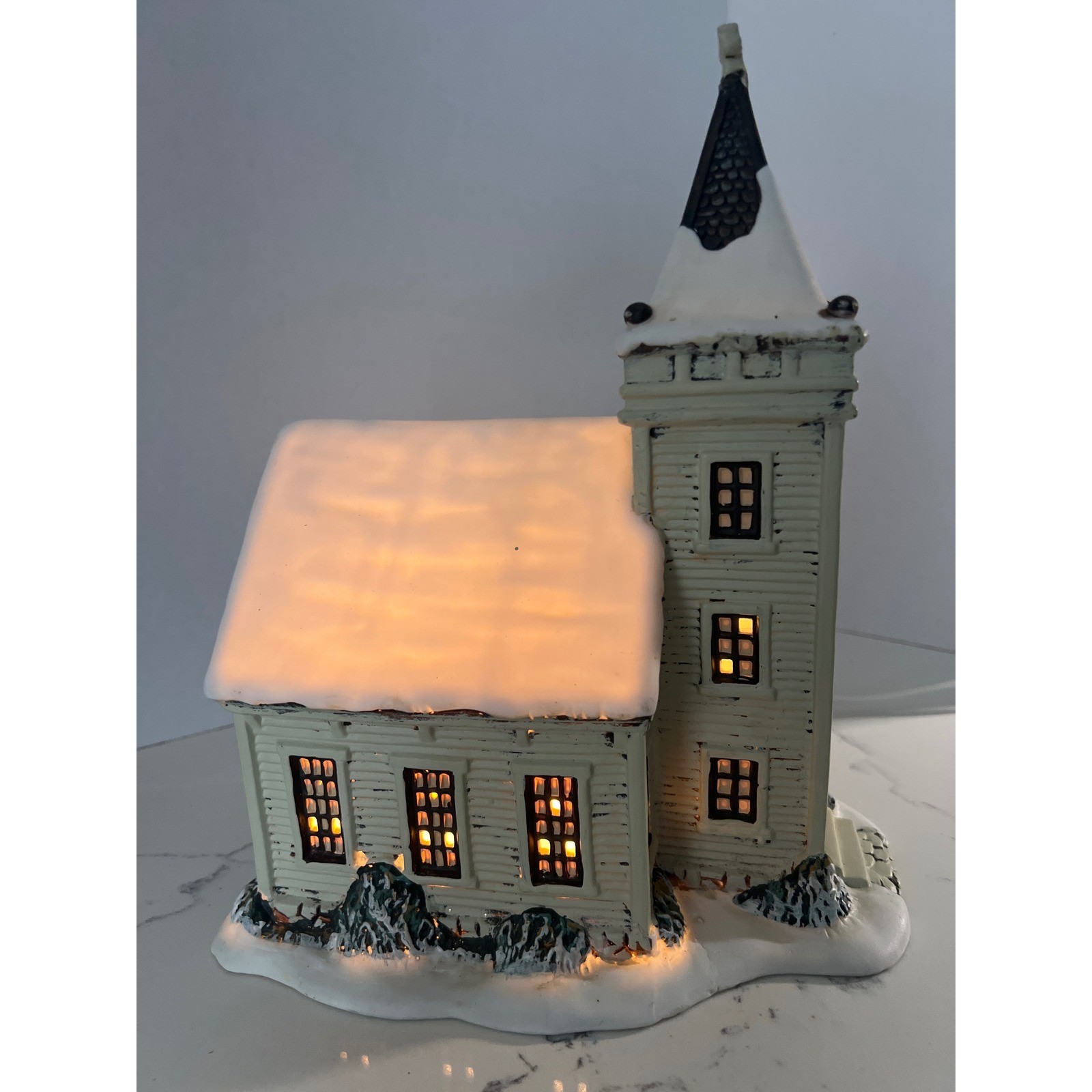 Vintage Style Lighted Christmas Village Church Snow Covered Winter Decor White