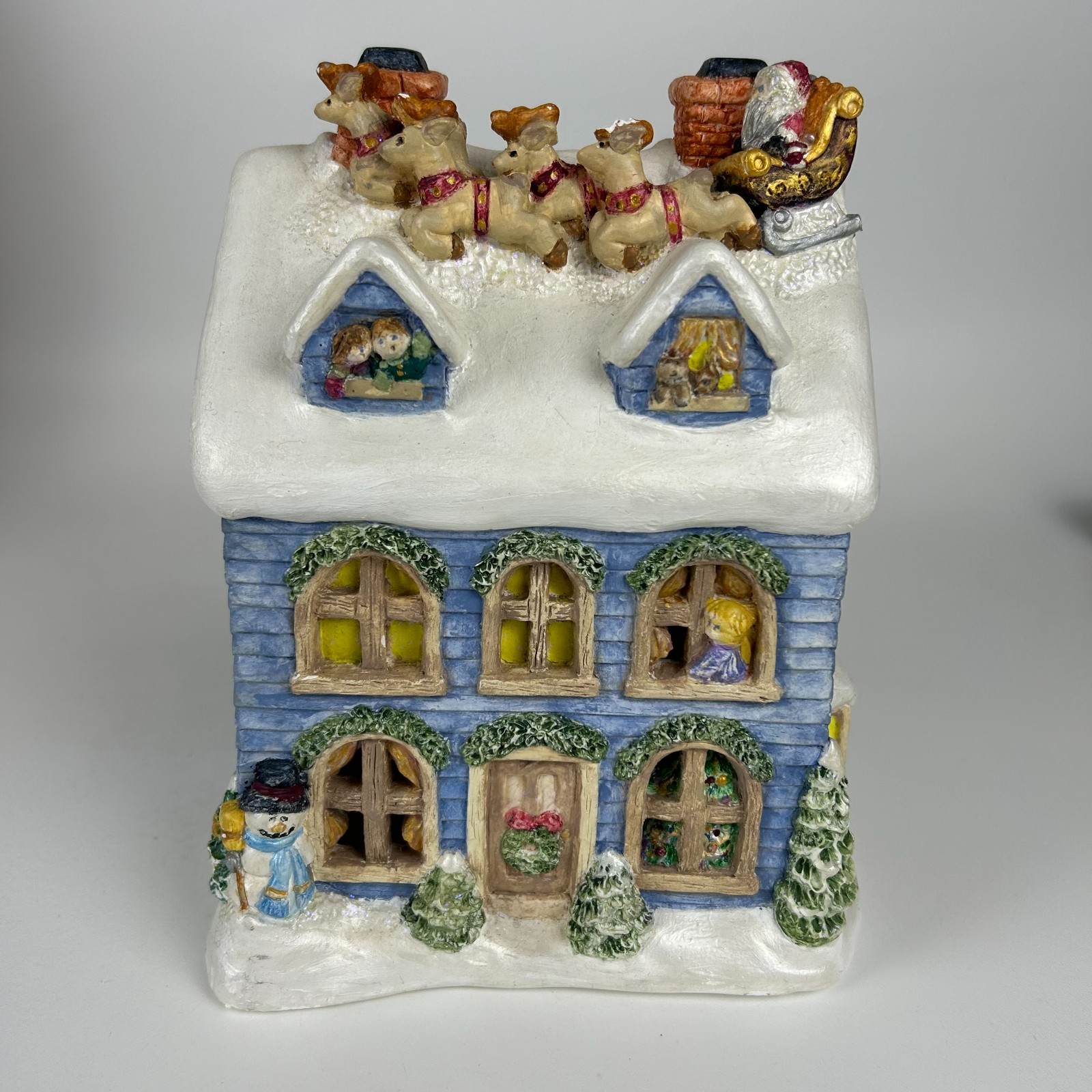 LightUp Ceramic Christmas Village House Blue Santa Sleigh Reindeer Holiday Decor