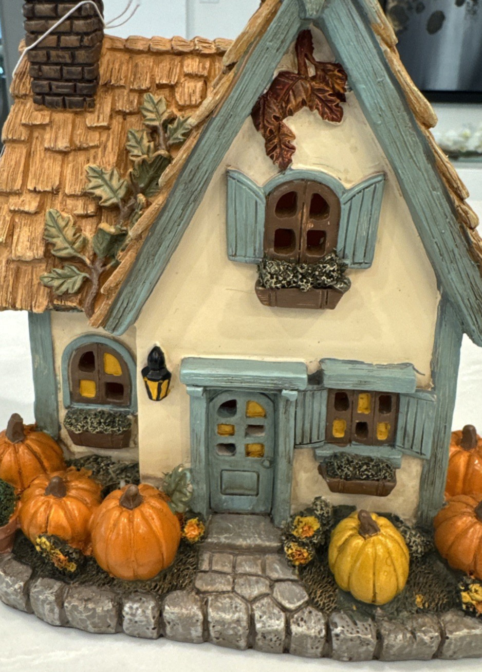 Hobby Lobby Cozy Fall Cottage Light Up House Pumpkins Blue Trim 7.5in Tall