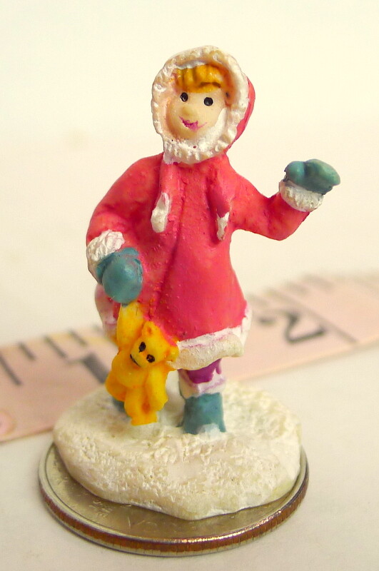 Grandeur Noel Victorian Village Girl and Teddy Bear 1995 Pink Coat Xmas Figurine