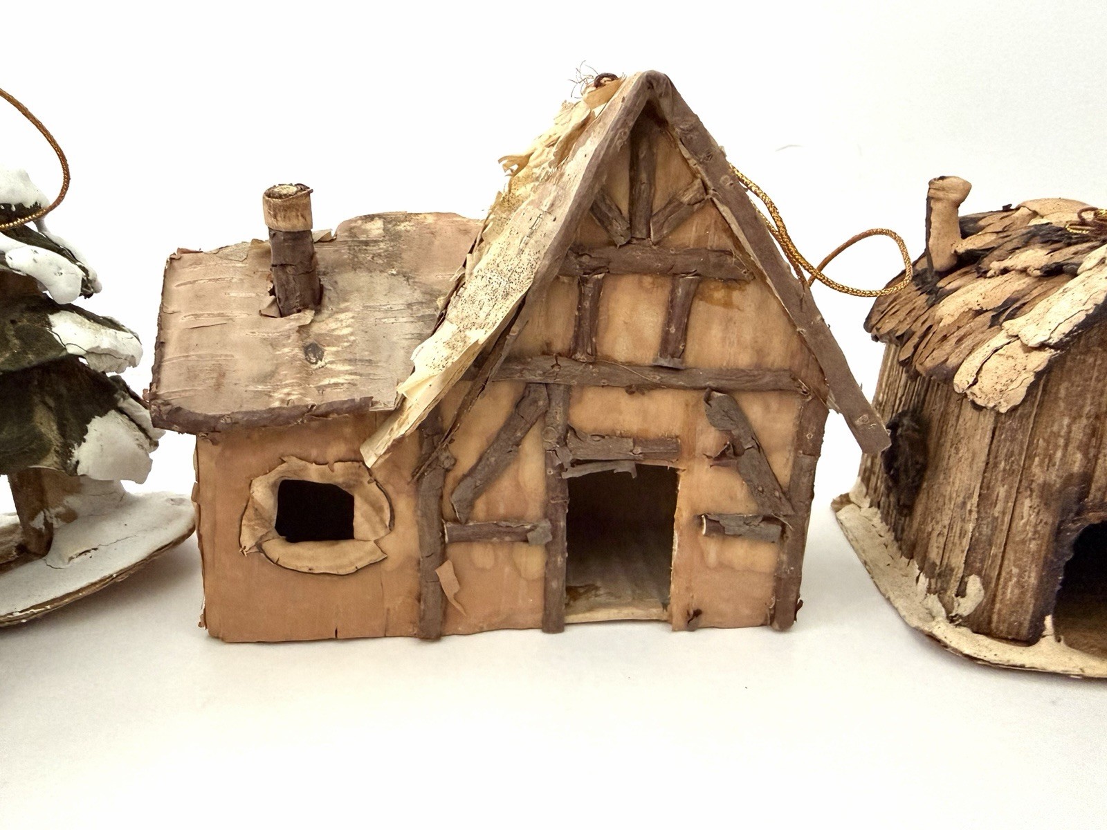 Vintage Miniature Folk Art Cabin Houses Ornaments, Bark, Wood, Straw, Lot Of 4