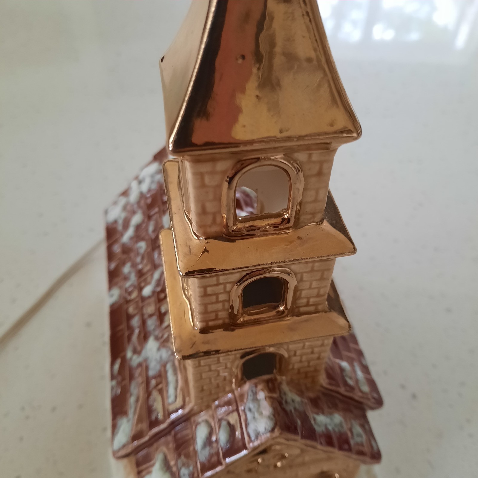 VTG Lighted Stain Glass Hand Painted Christmas Village Church Gold Steeple 12″T