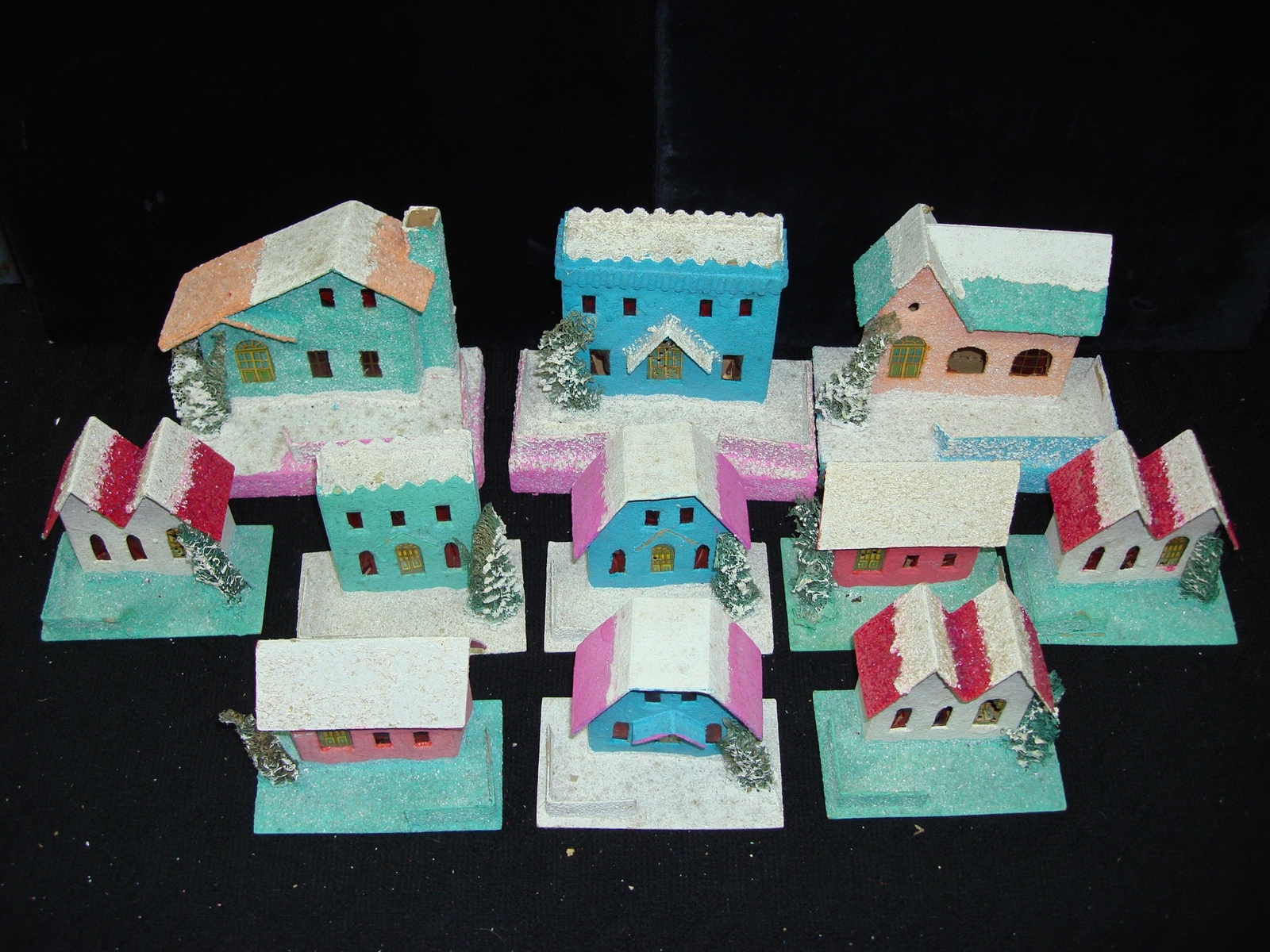 11 VINTAGE 1950-60’S COLORFUL PUTZ MICA VILLAGE HOUSES MADE IN JAPAN!