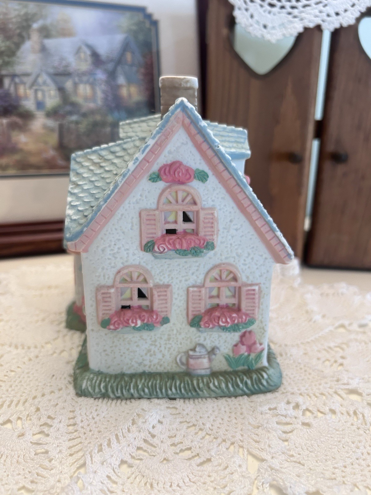 Midwest Importers 1991 Ceramic Cottage House Figurine White Blue Pink