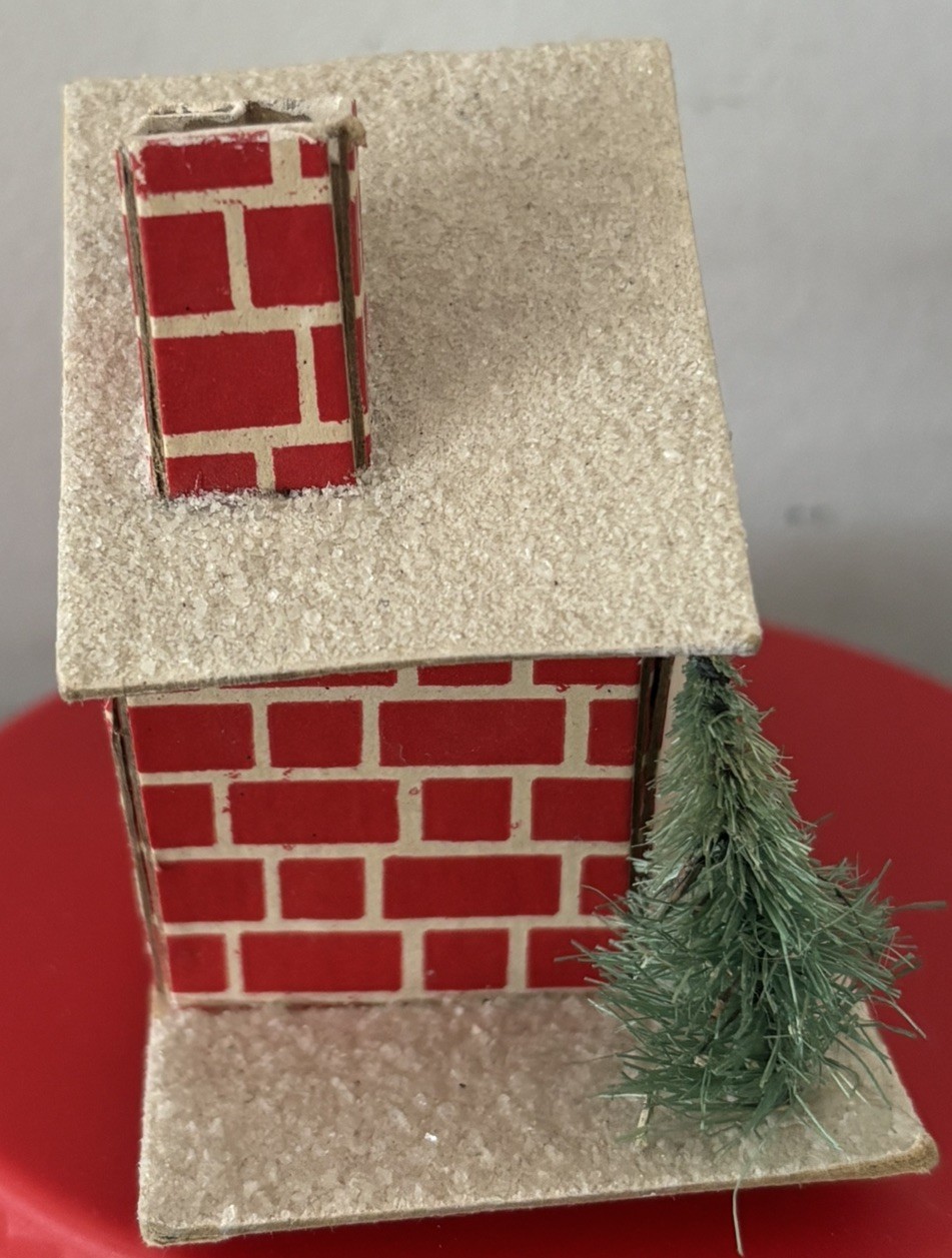 Vntg Putz House Red Brick with Cello Windows & Bottle Brush Tree Glitter L-D