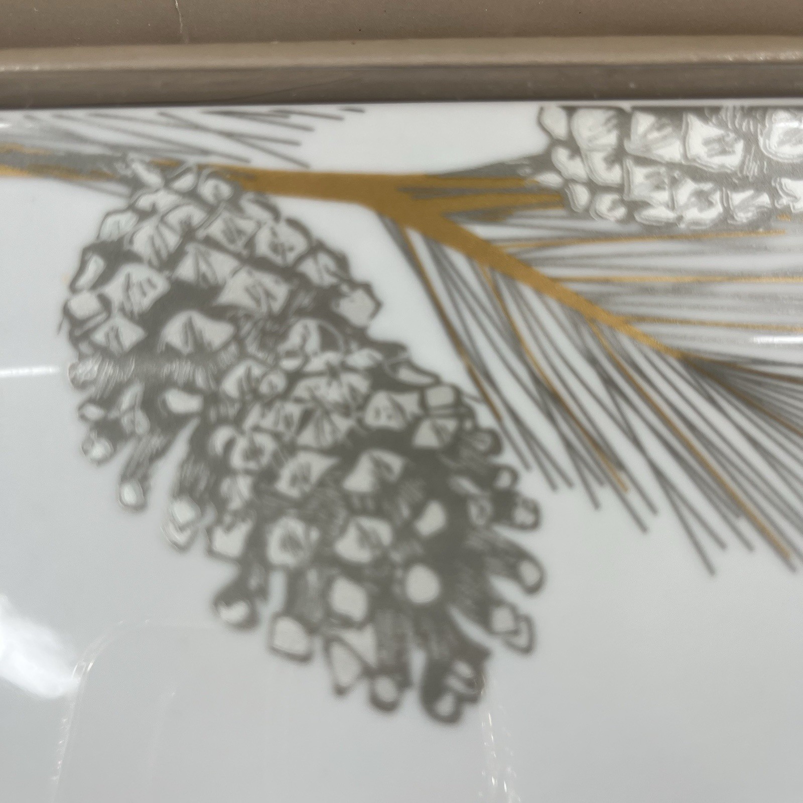 St Nicholas Square Pine Cone Treat Tray 13″ x 5″ White Rectangle in Box