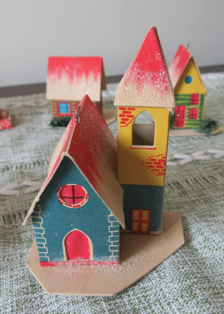7 Vintage Paper Christmas Village Buildings – Church & Hotel – Exc Cond & Colors