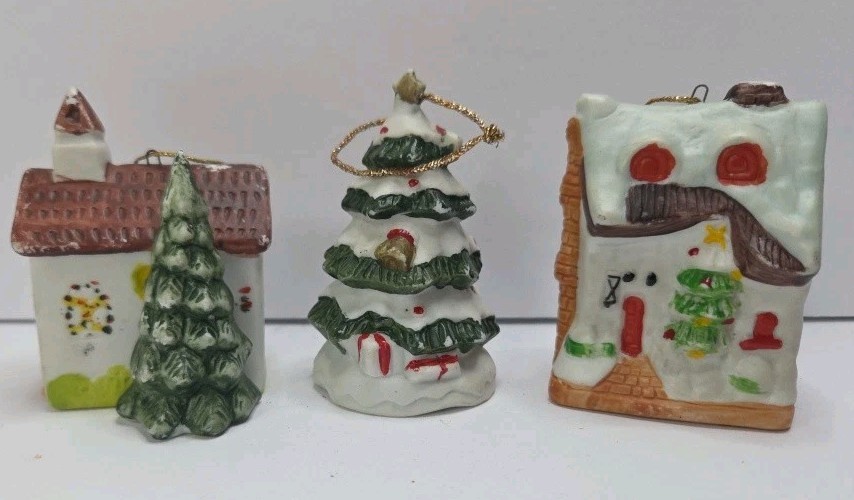 Vintage Ceramic Small 3” Church, Tree, House Christmas Village Ornament Decor