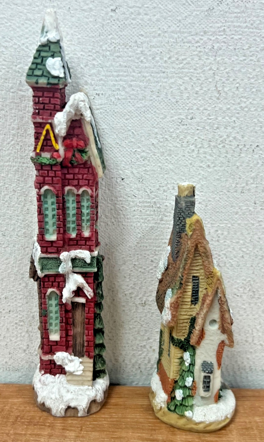 Pair of 2 Painted Resin Christmas Village Mini House Tall