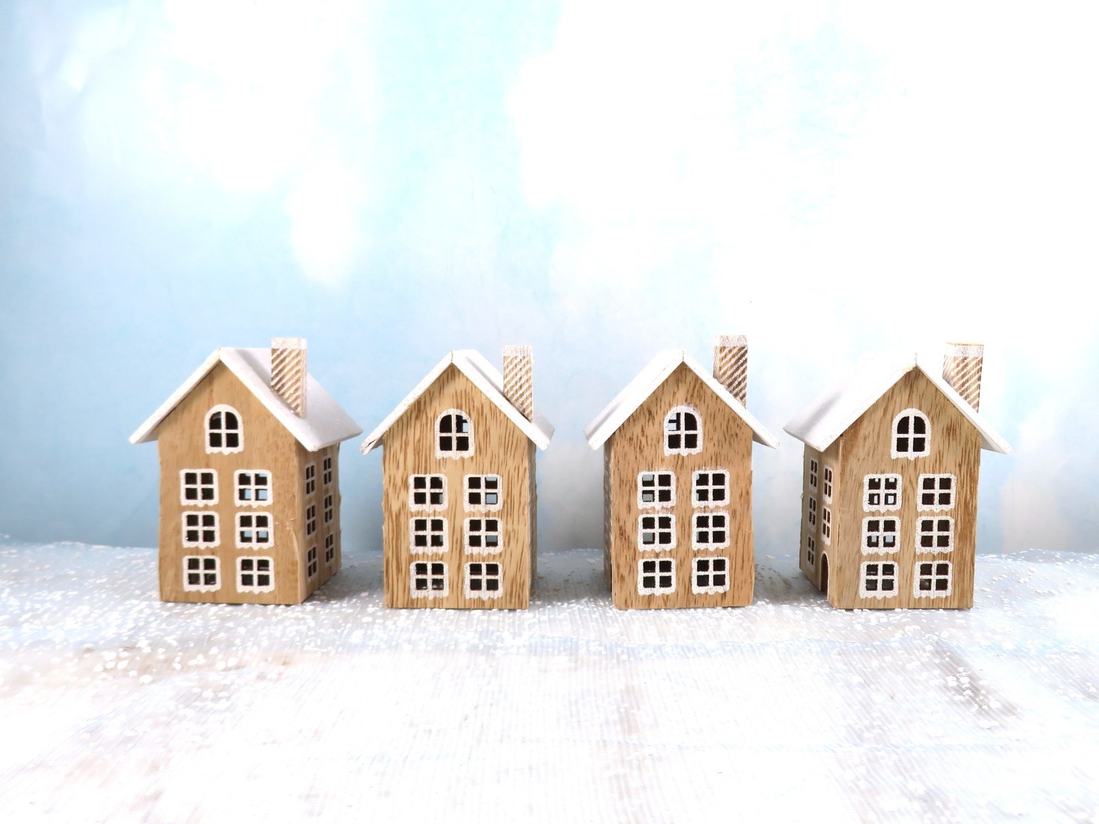 Miniature Wood Houses Buildings Lot Of 4 Glittery Snowy Roofs Christmas Village