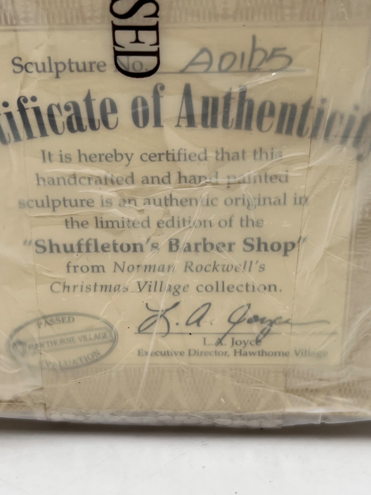 Hawthorne Village Shuffleton’s Barber Shop Norman Rockwell Christmas Village COA