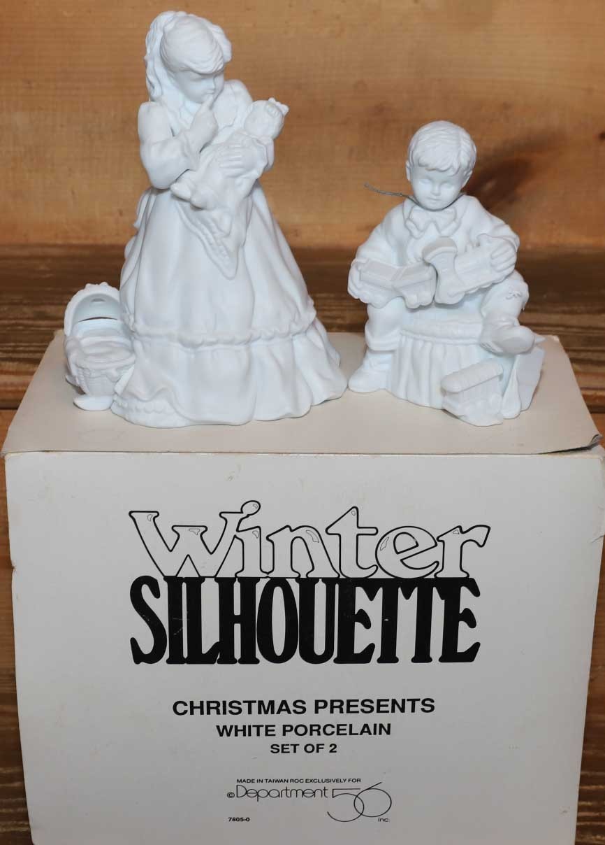 DEPT 56 WINTER SILHOUETTE CHRISTMAS PRESENTS WHITE PORCELAIN