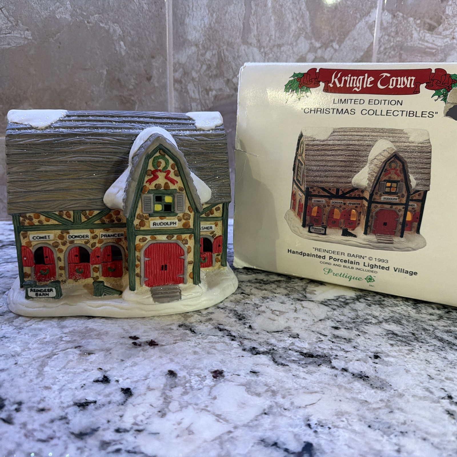 1993 Kringle Town Limited Edition Prettique Santa’s Reindeer Barn Porcelain