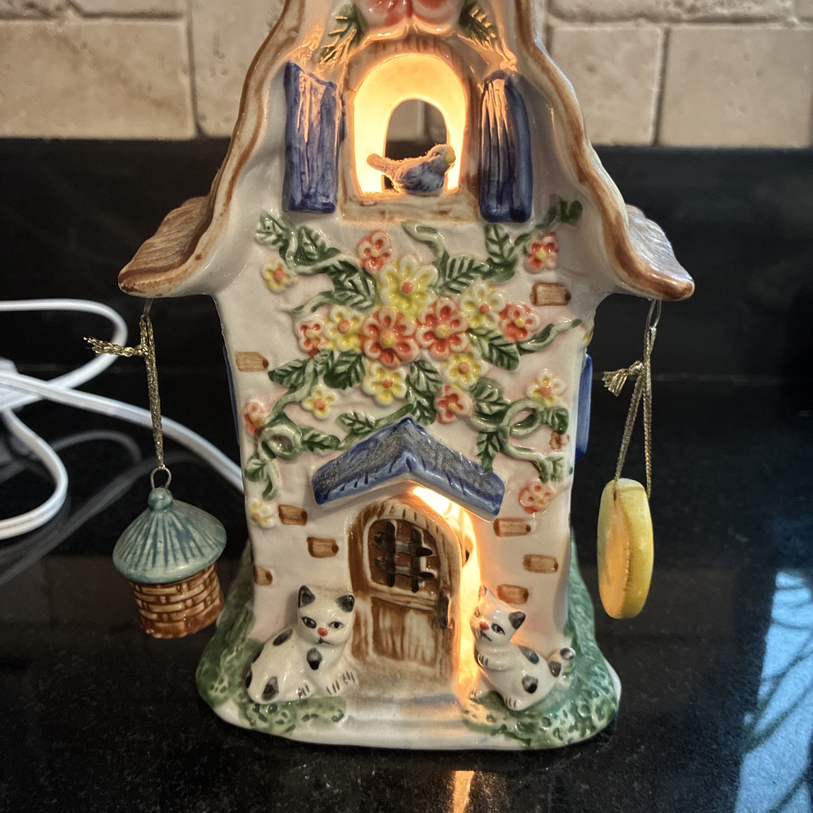 Vintage Whimsical Lighted Fairy Cottage House Bird Cat Flowers Cottagecore