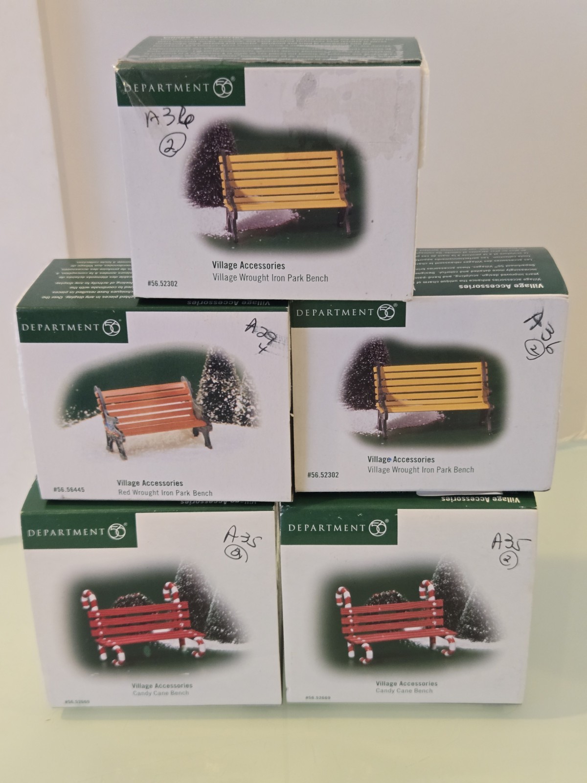 Dept 56 Village Accessories 2candyCane Benches,2 wrought Iron, 1Red Wrought Iron