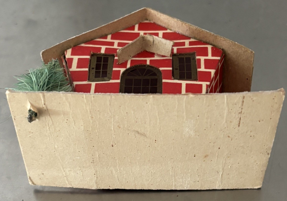 Vntg Putz House Red Brick with Cello Windows & Bottle Brush Tree Glitter L-D