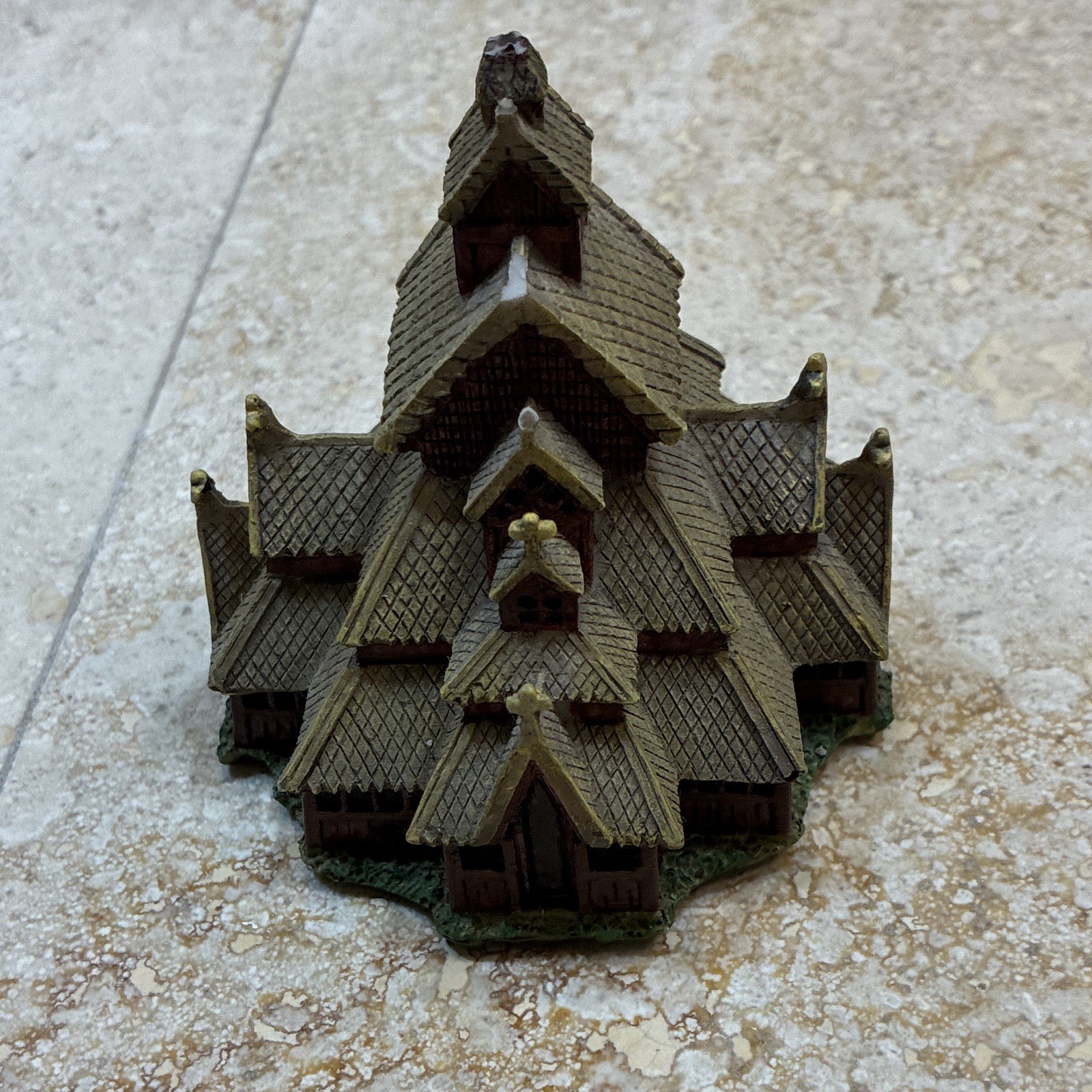 Resin Miniature Village House Figurine, Brown/Green Matte Finish, Small