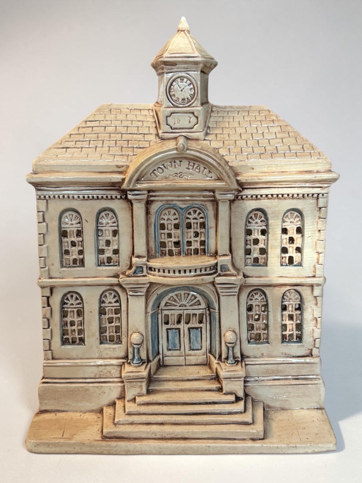 Vintage Ceramic Town Hall Building Christmas Village Décor 9” Beige & Blue Handm
