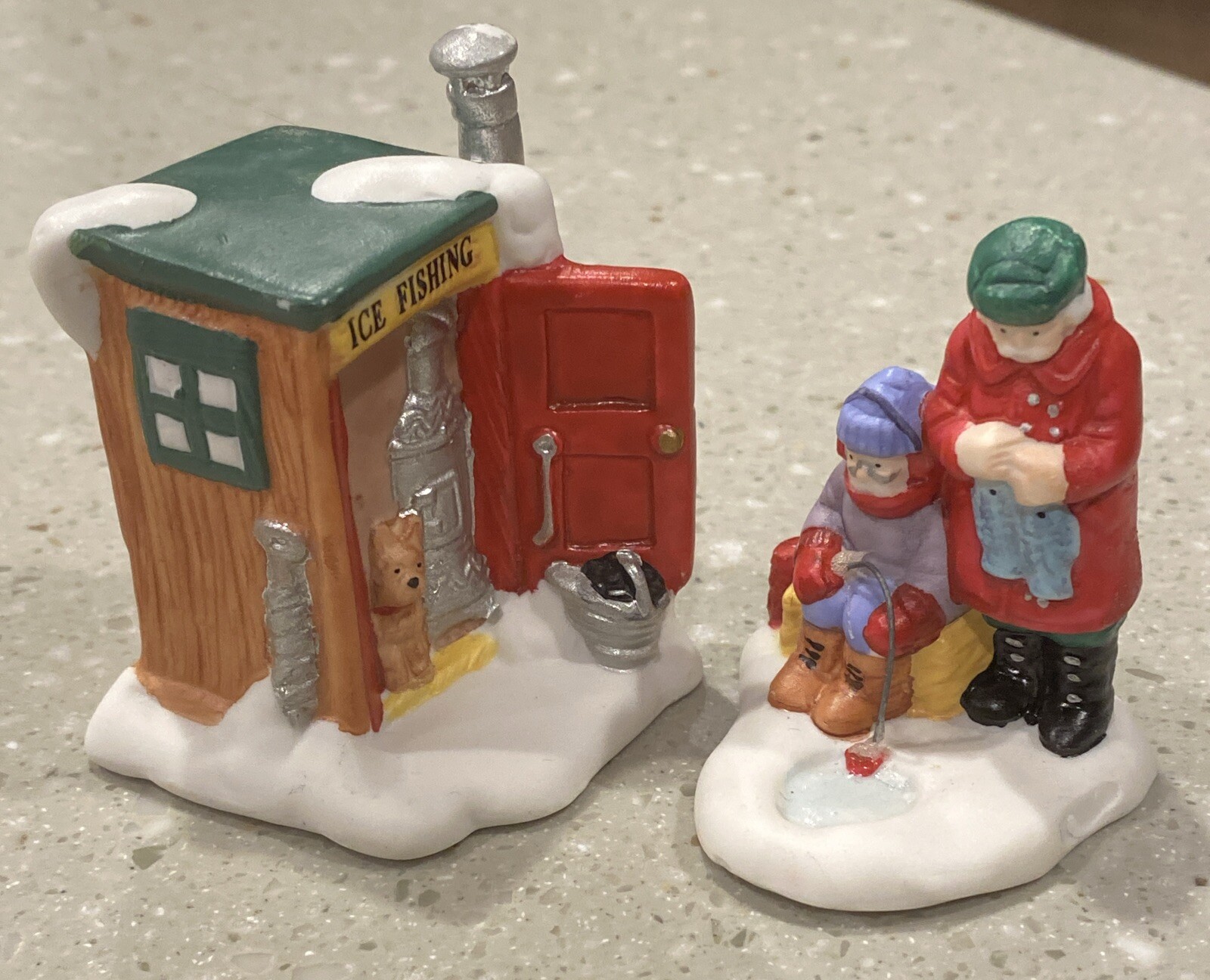 Vintage Christmas Village Figurines Ice Fishing Hut And Two Fisherman Porcelain
