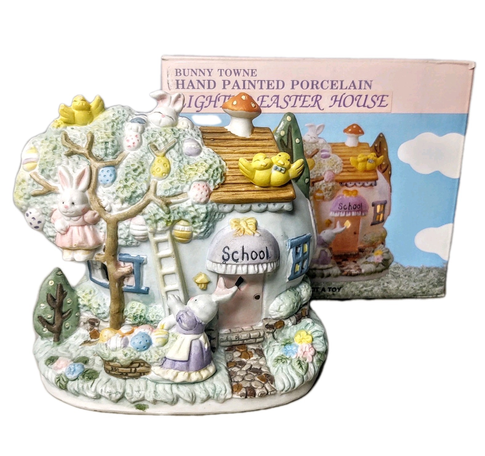School Teacher Easter Bunny Egg House Building Tree Rabbit Spring Decor Village