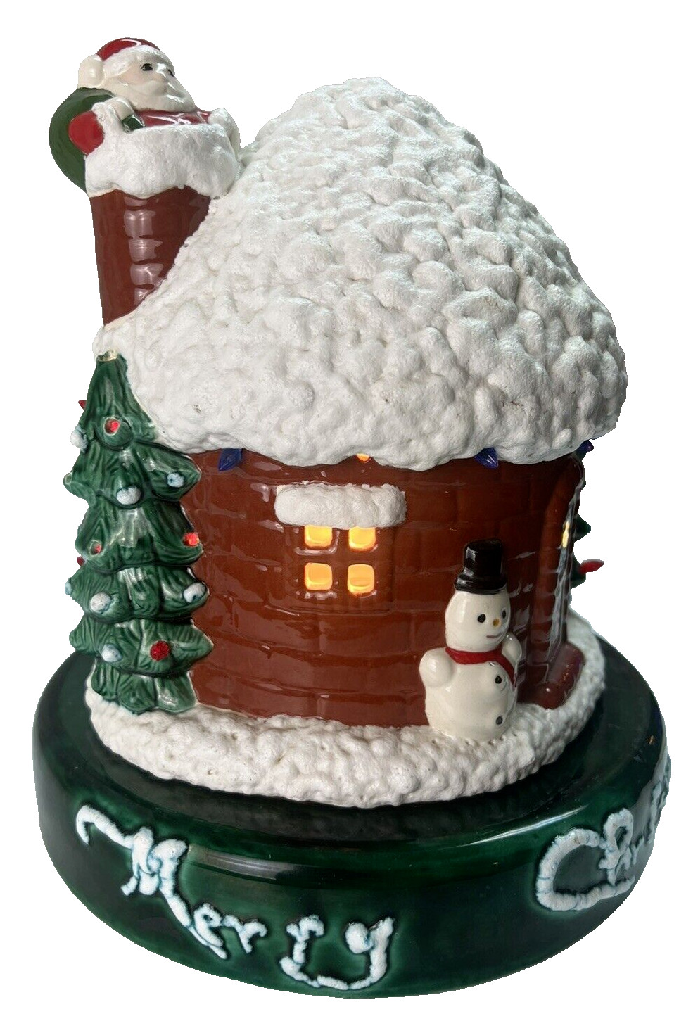 Vintage Light Up Ceramic Christmas Snow House Igloo Santa on Chimney Snowman