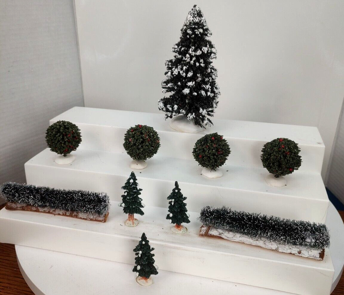 Lemax 10 Assorted 3 Resin Pines/4 Brush’s 2 Hedges/Frosted Pine Tree Accessorys