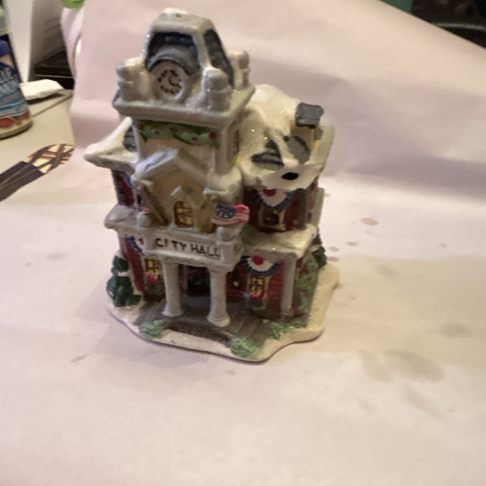 Hand Painted Ceramic & Porcelain Christmas Village City Hall Figurine, Snowy