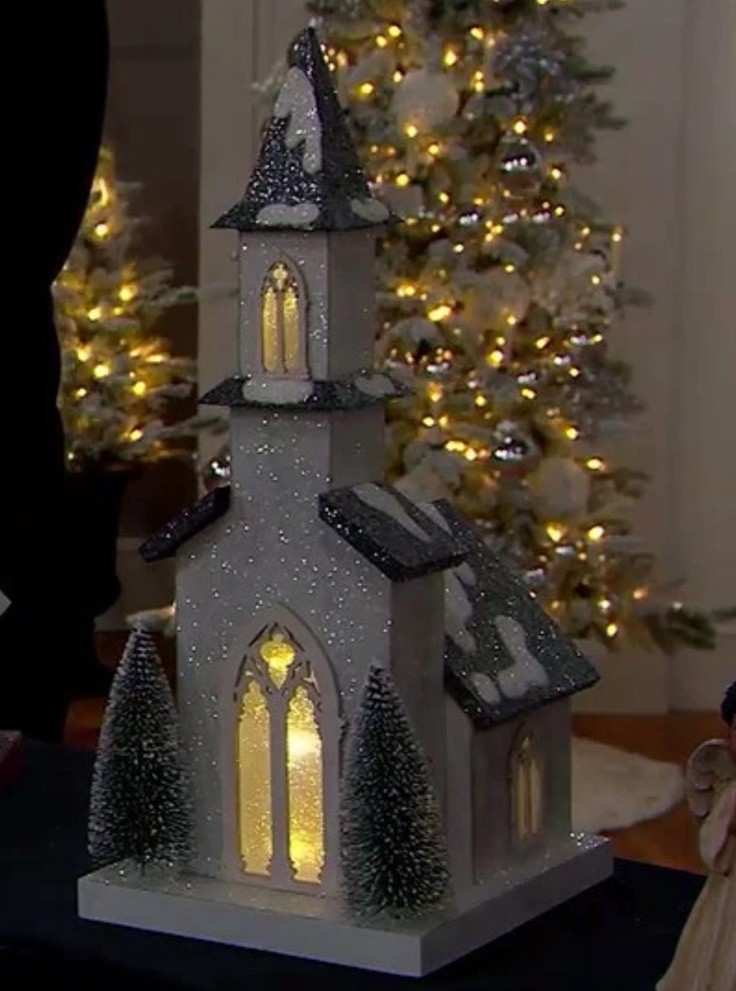 Valerie Parr HILL Illuminated Wooden White LG Church w Bottlebrush Trees Village
