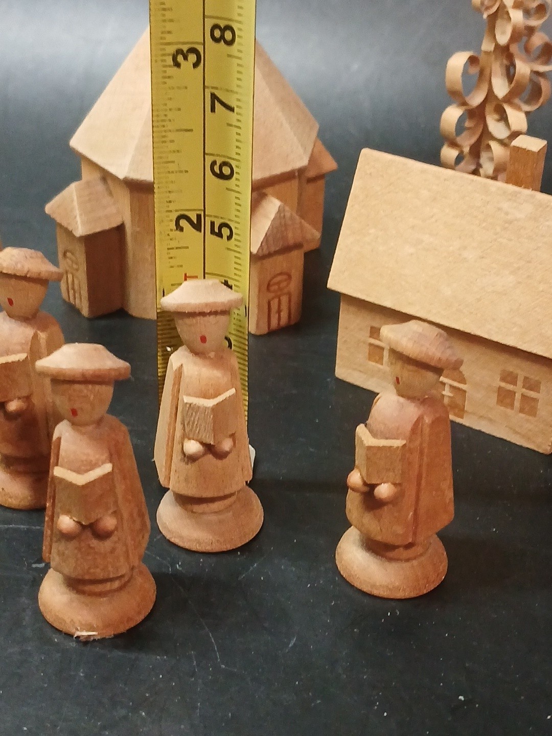 9 Piece VTG German Dominican Republic Wood Miniature Village Church Trees Chior