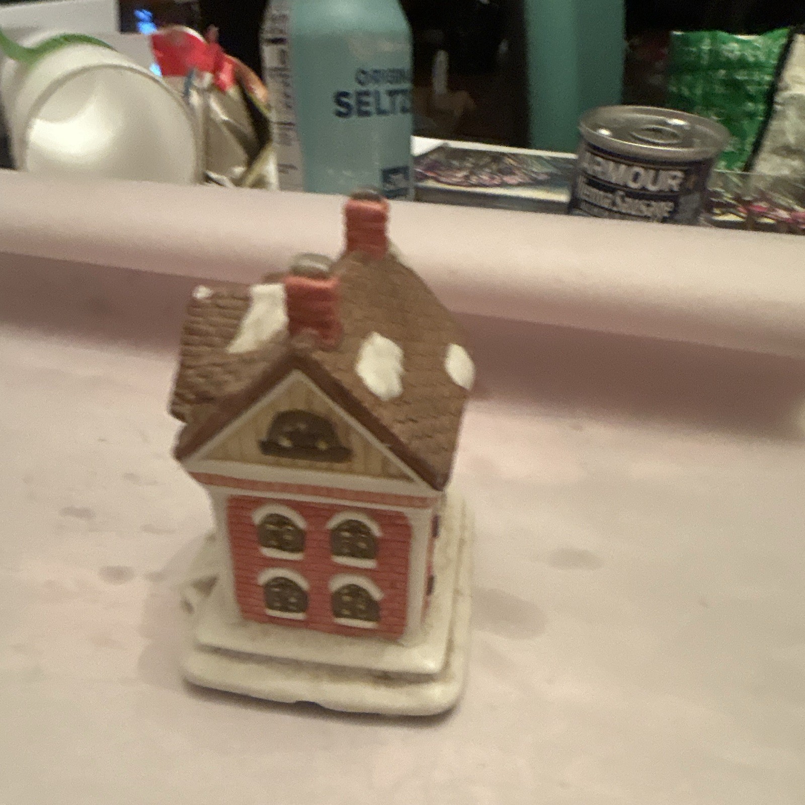 Painted Ceramic & Porcelain Christmas Village Library House Figurine, Snowy