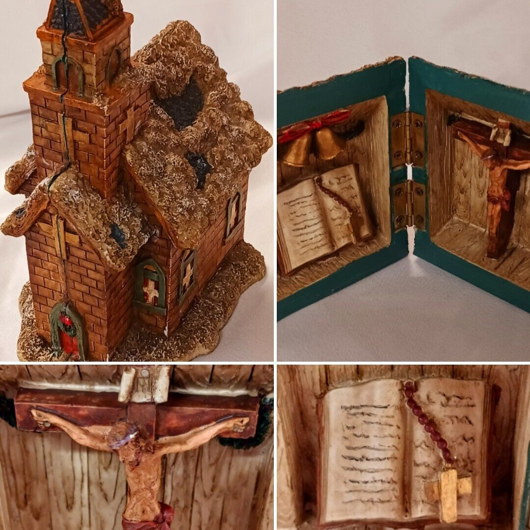 CHURCH HOUSE VILLAGE COLLECTIBLE RELIGIOUS DECOR OPENS CRUCIFIX AND BIBLE INSIDE