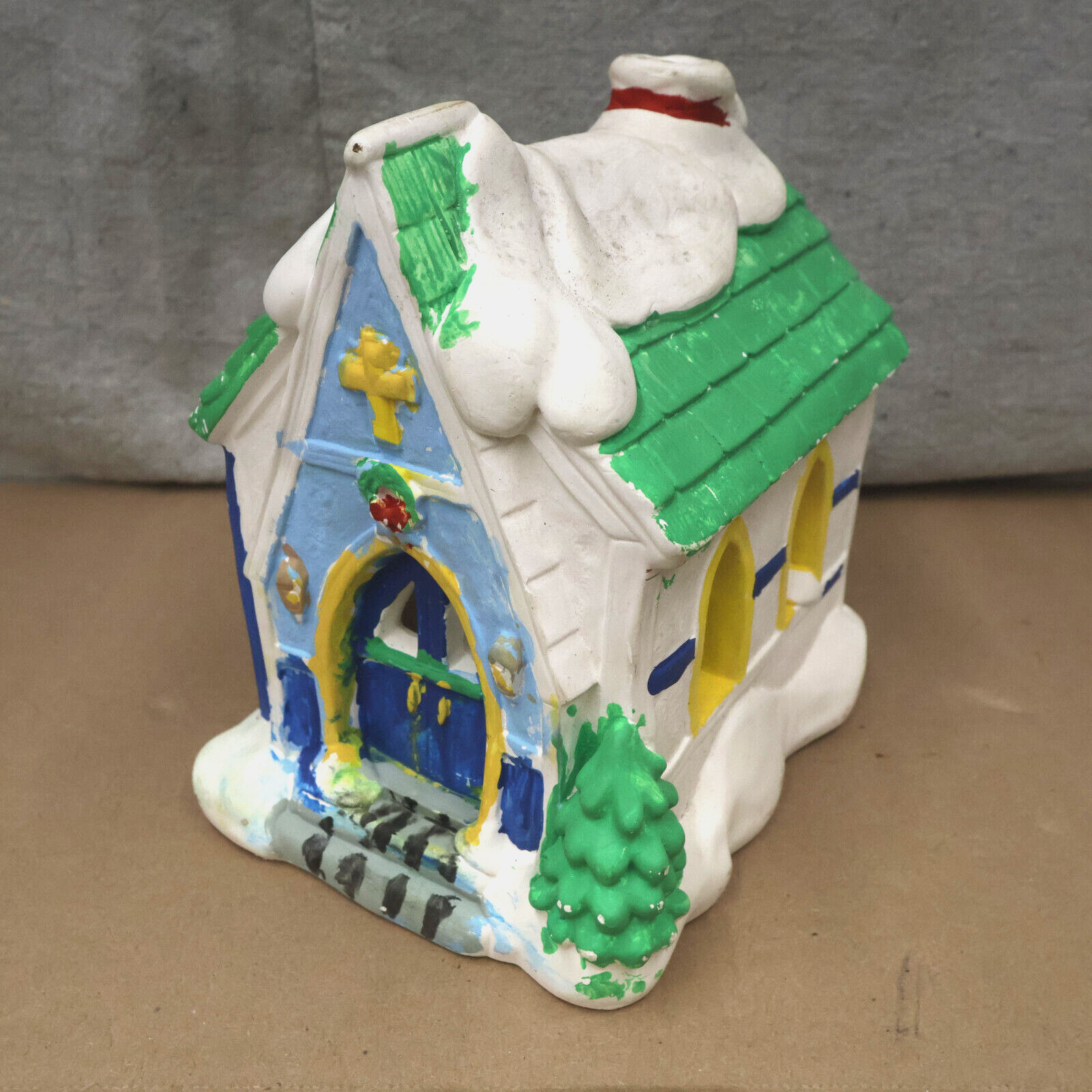 Vintage Plaster Christmas House Snow Hand Painted