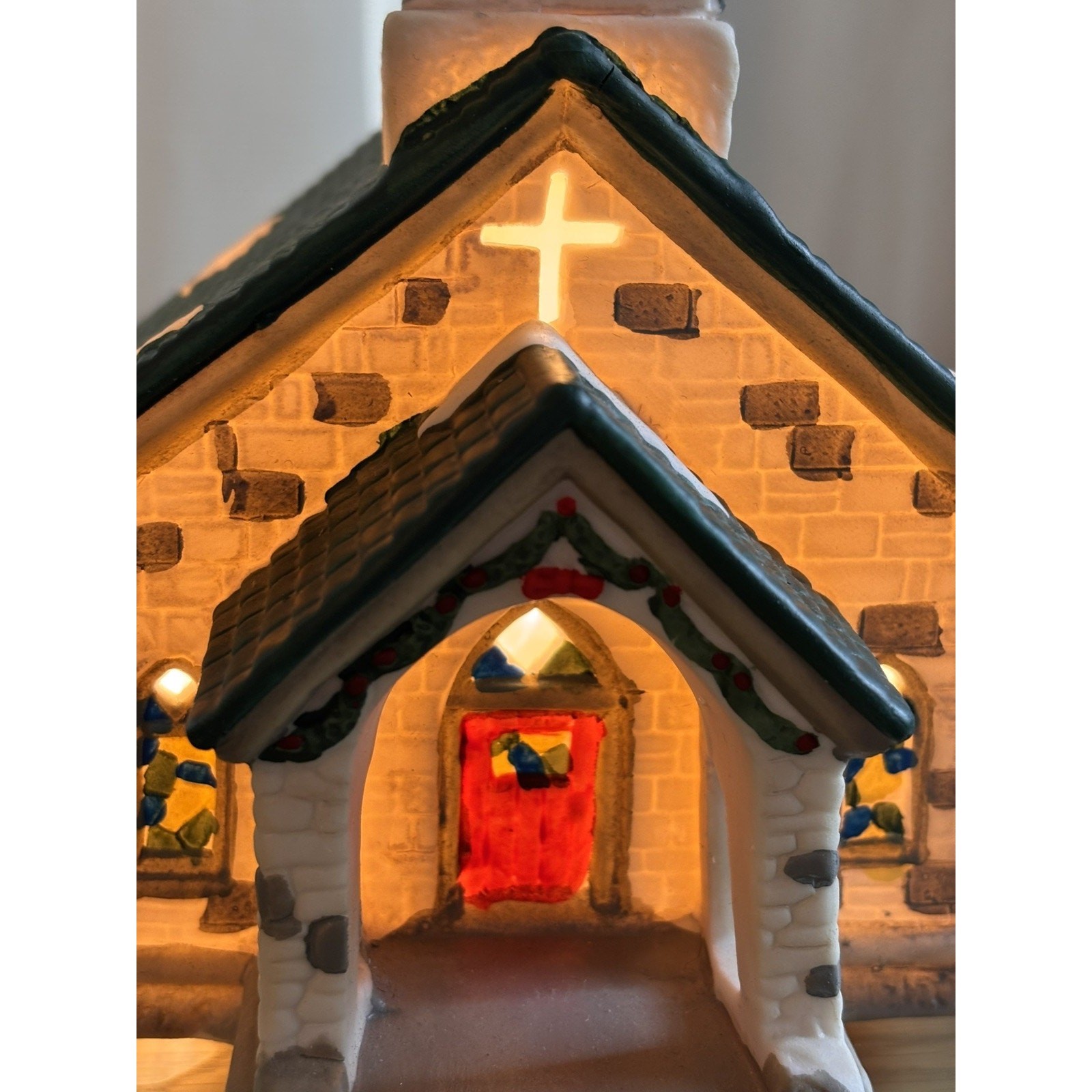 Vintage 1997 Village Painted Lighted Church with Cross by Holiday Expressions