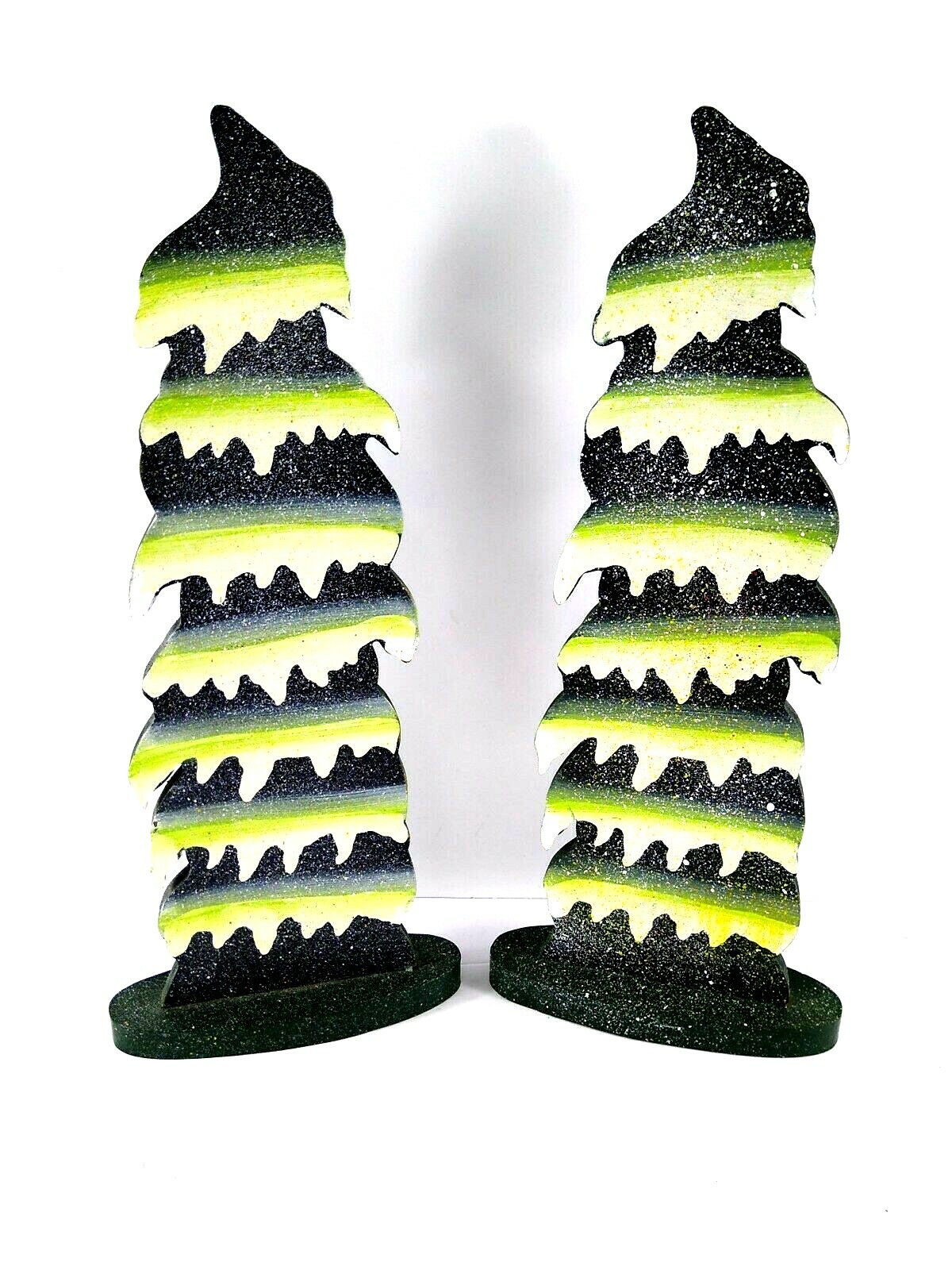 Wood Christmas Trees Pair Of 2 Village Whimsical Painted Decoration 17.5″ Tall