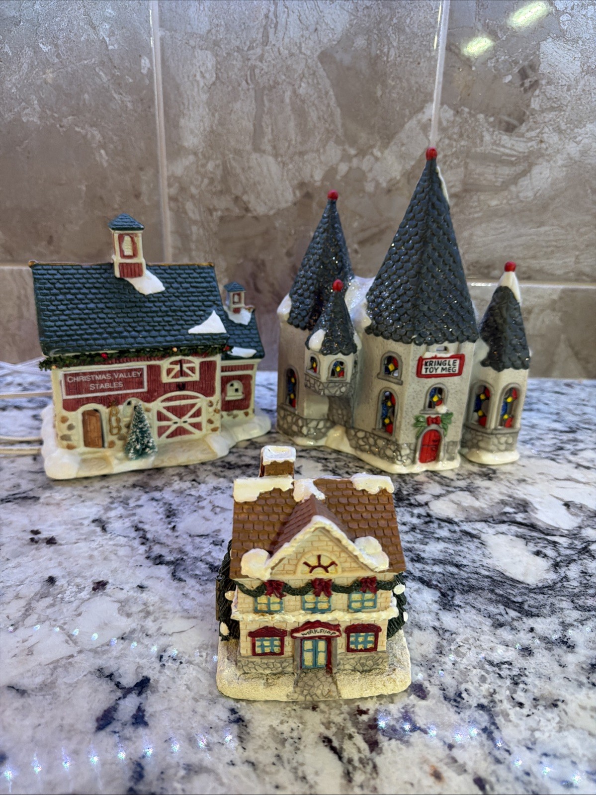 1990’s Christmas Village Lot Kringle Toy Meg Church Stable Ice Skating House