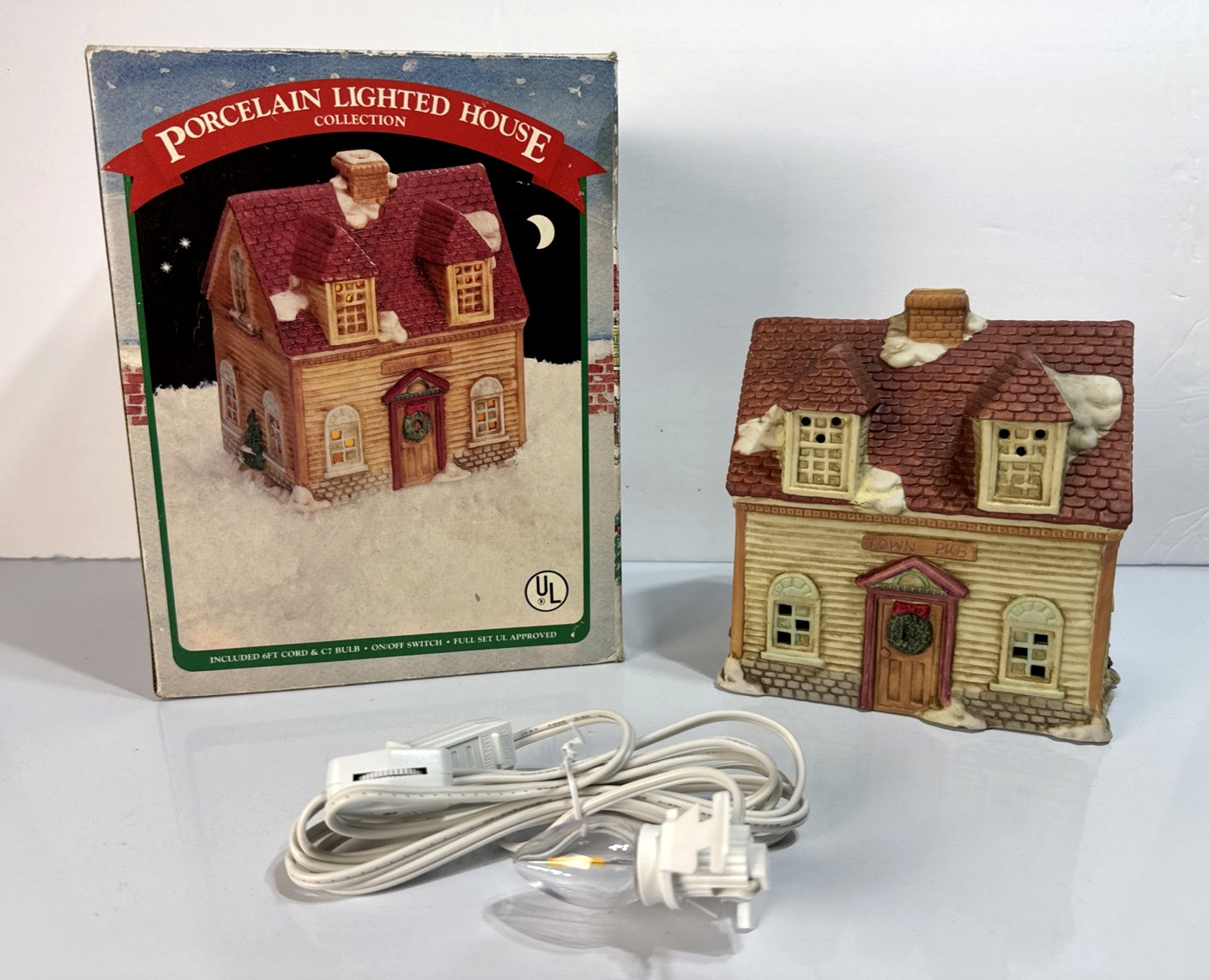 Porcelain Lighted Town Pub — Christmas Village Building w/Box + NEW Cord/Bulb