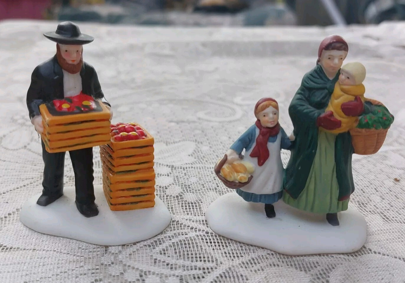 Dept. 56 Lot of 2 Christmas Figures mom & kids man with fruit crates