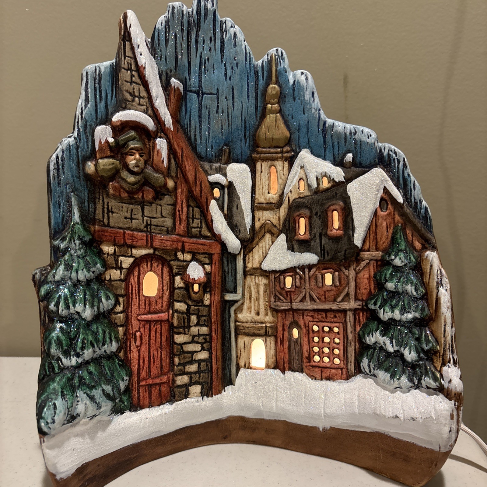 Lighted Christmas Village Scene Folk Art Hand Painted Ceramic Night Light